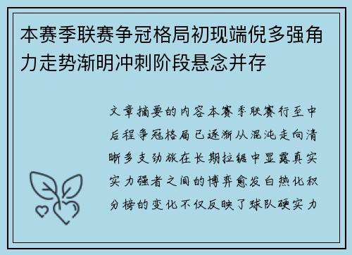 本赛季联赛争冠格局初现端倪多强角力走势渐明冲刺阶段悬念并存