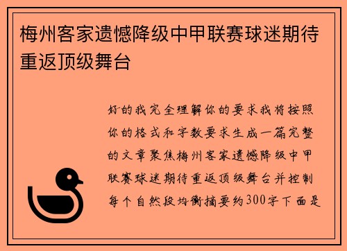 梅州客家遗憾降级中甲联赛球迷期待重返顶级舞台